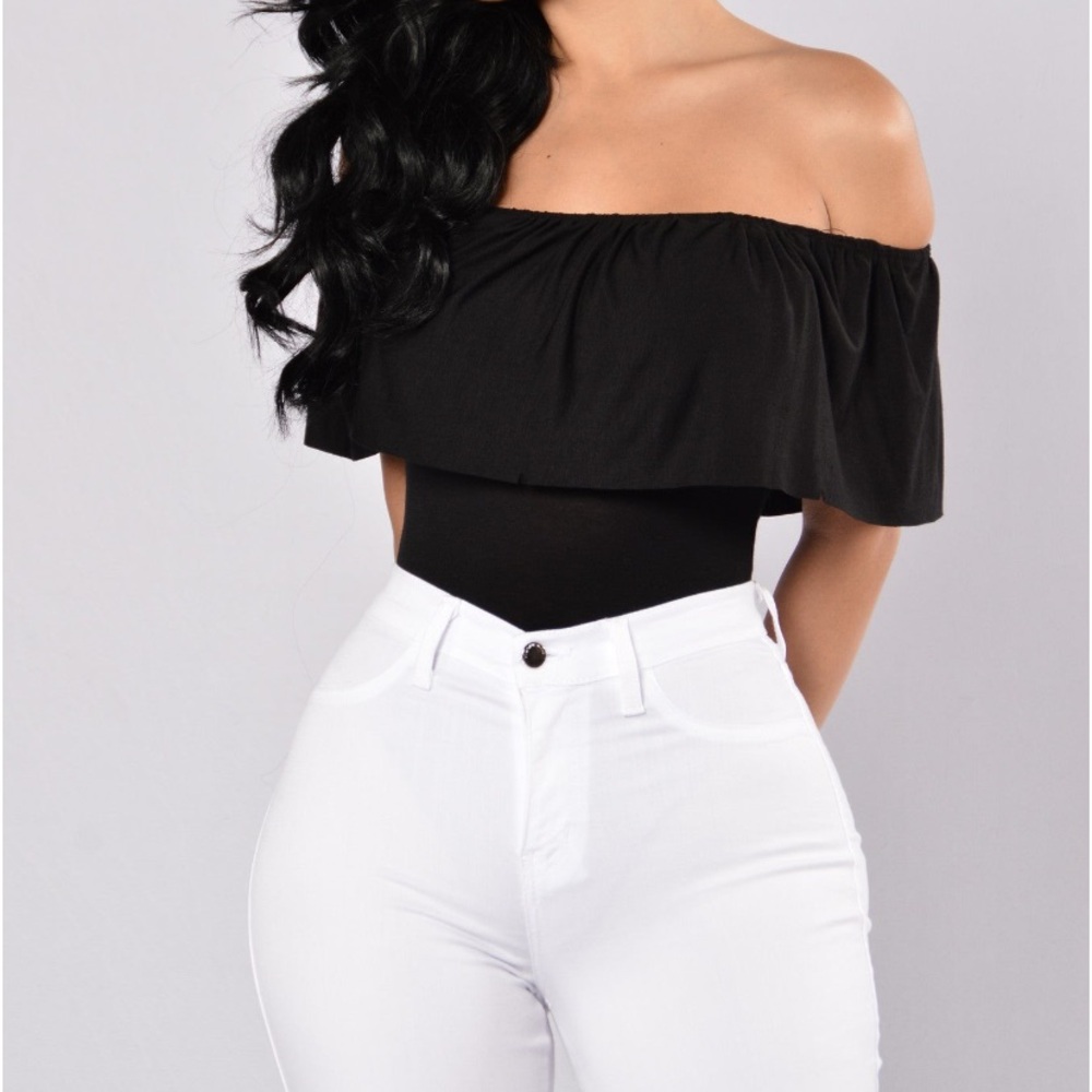 Black off the shoulder ruffle bodysuit